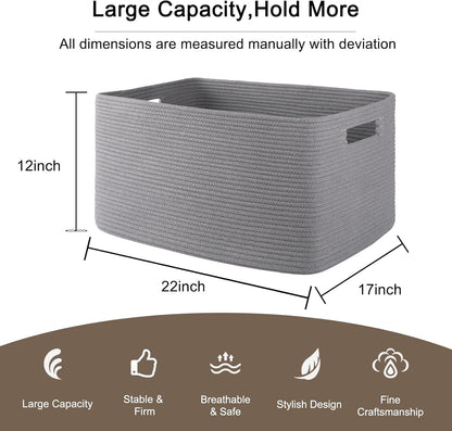 OIAHOMY 75L Large Woven Cotton Rope Storage Basket with Handle for Organizing Blanket and Toys for Living Room, Nursery, Brown Variegated 22”x17”x12”