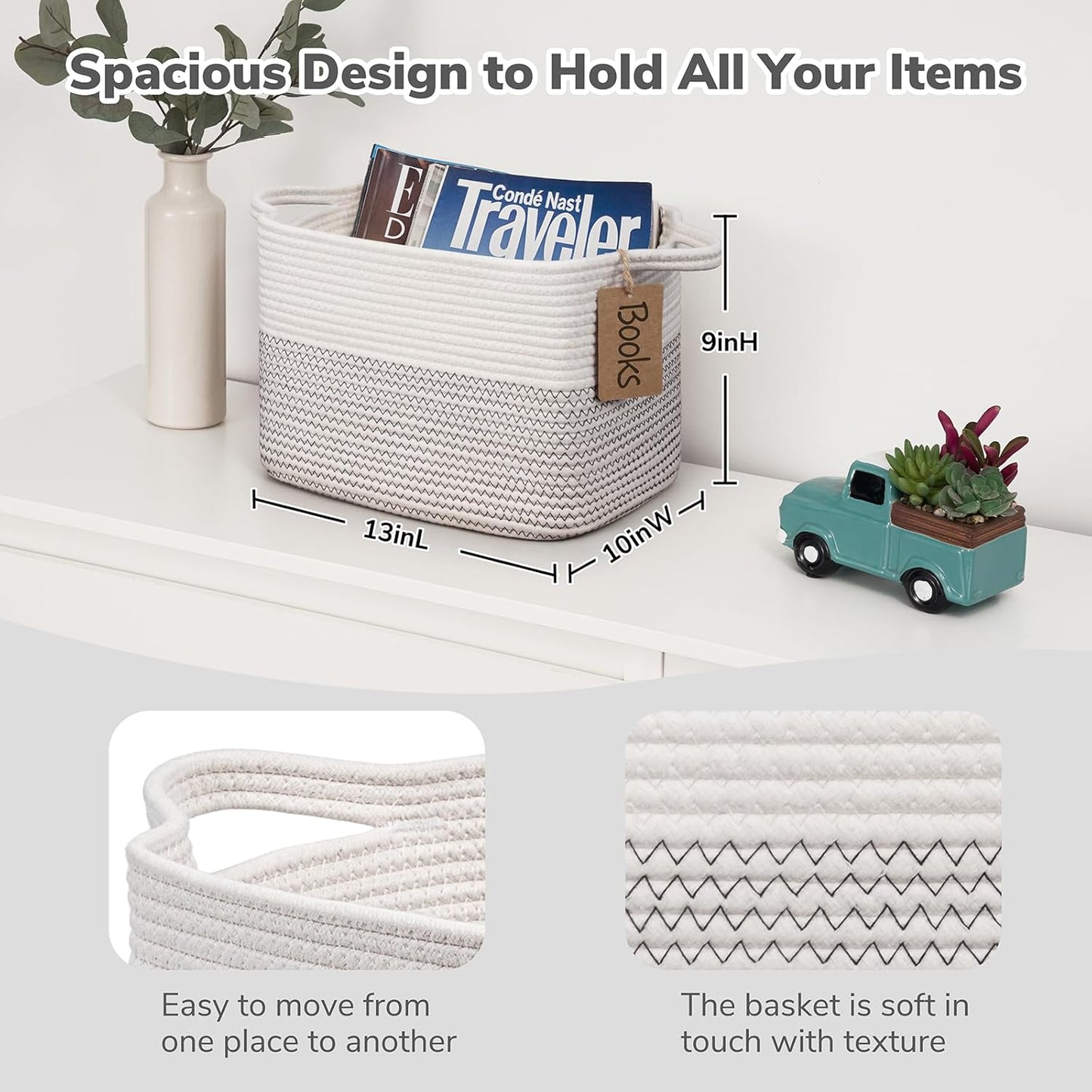 Goodpick Woven Storage Basket, Cotton Rope Basket for Dog Toys, Books, Stylish Gift Basket with Handles, 13 x 10 x 9 Inches Square Baskets for Organizing, Brown and White