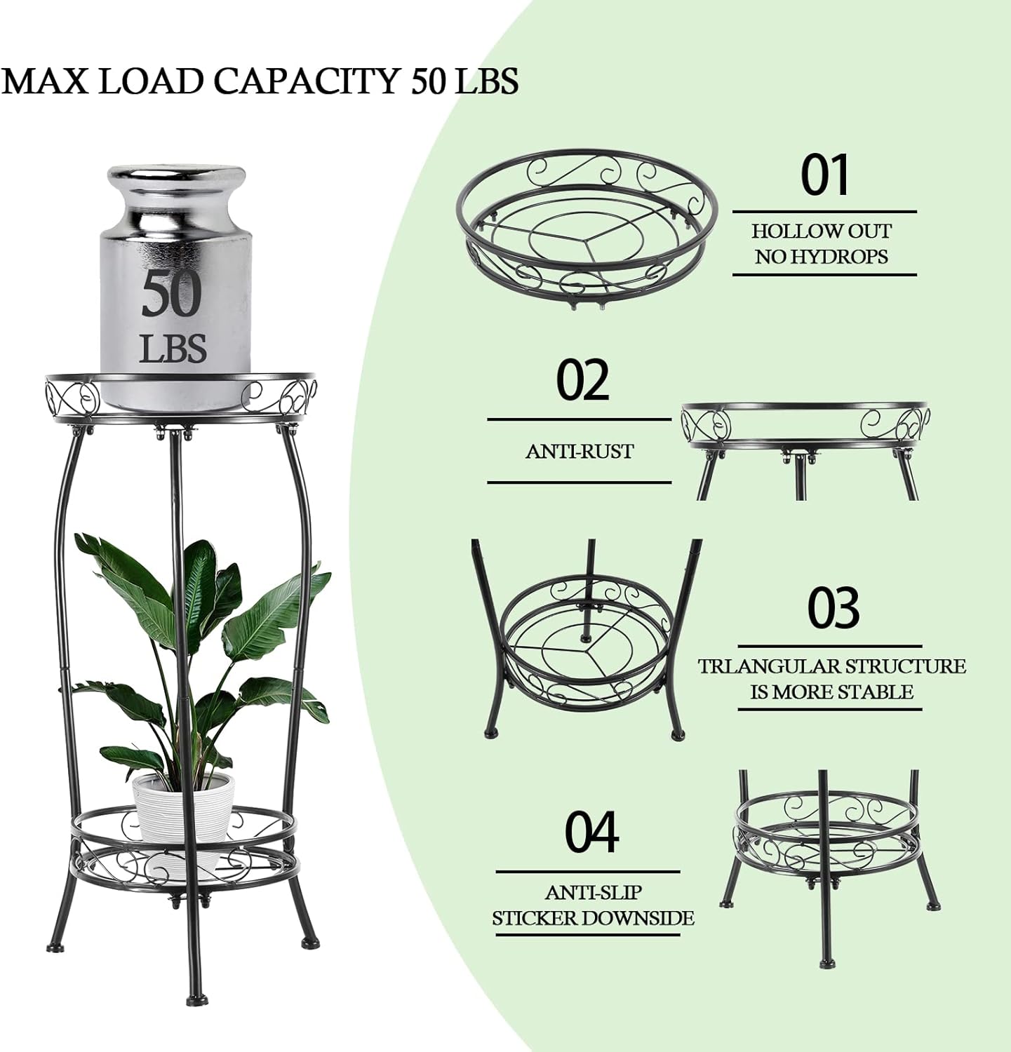 Kavlium Plant Stand Indoor Outdoor，Tall Black Metal Rustproof Stable Plant Stands，2 Tier 27.1 inch Multiple Plant Rack Holder Rack Flower Pot Stand Heavy Duty Plant Shelf
