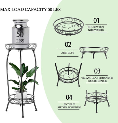 Kavlium Plant Stand Indoor Outdoor，Tall Black Metal Rustproof Stable Plant Stands，2 Tier 27.1 inch Multiple Plant Rack Holder Rack Flower Pot Stand Heavy Duty Plant Shelf