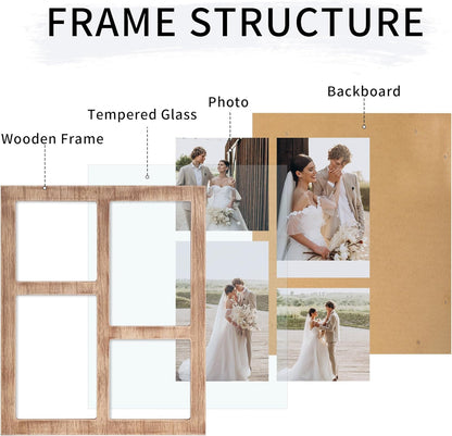YESKAY 4x6 Picture Frame Collage for Wall Decor, Multiple Photo Collage Frames with Tempered Glass, 7-Opening for 4 x 6 Picture Frames, Rustic Brown, 1 Pack