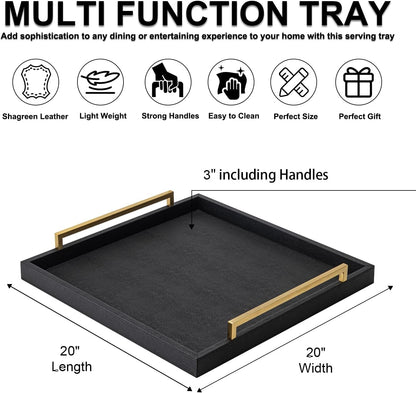 XIGEXIGE Ivory Shagreen Decorative Tray Large Rectangle Coffee Table Tray for Ottoman Faux Leather Serving Tray with Brushed Gold Handles