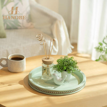 Hanobe Round Wooden Decorative Tray: White Washed Bead Tray Decor for Coffee Table Centerpiece Rustic Farmhouse Tray for Kitchen Counter Living Room Decoration