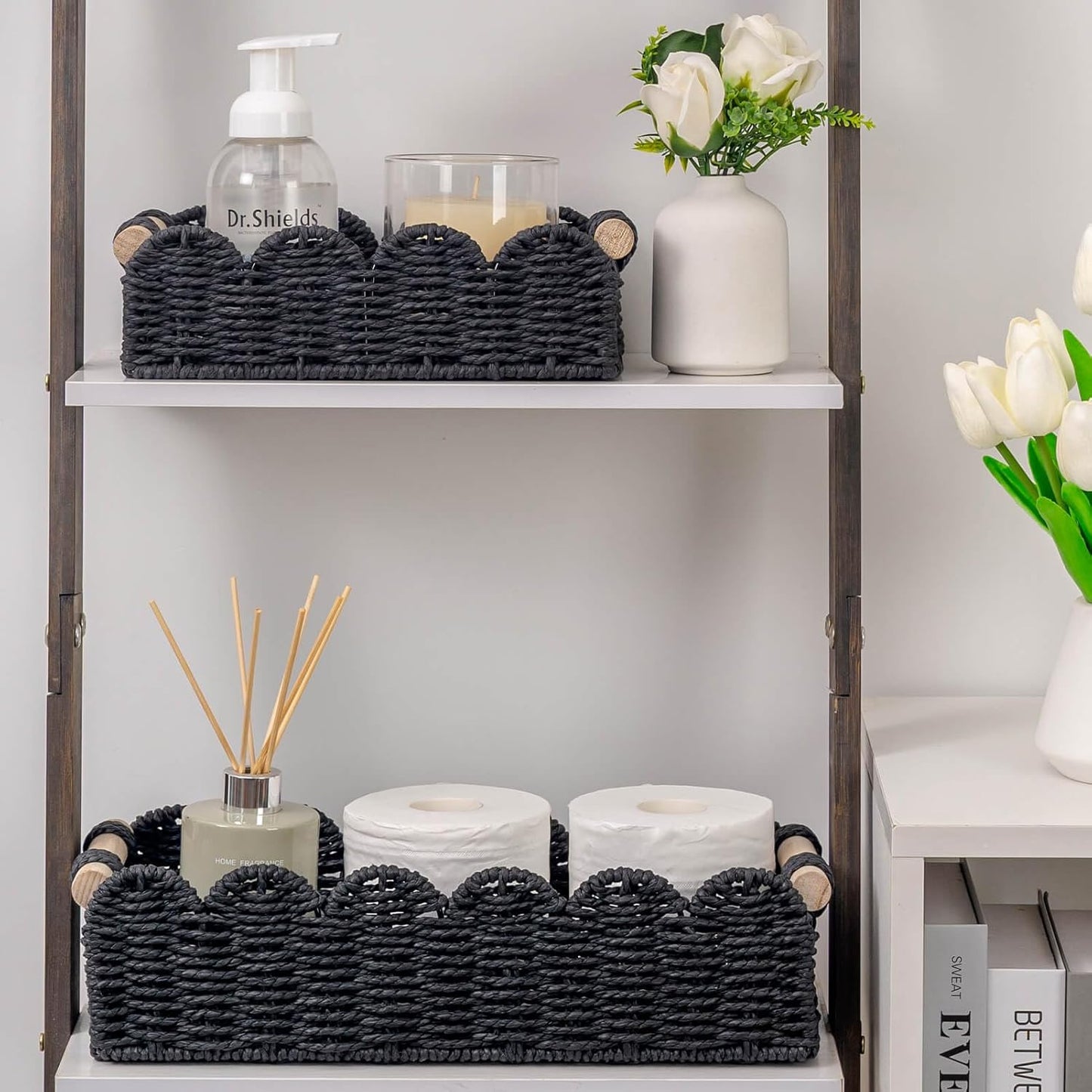 CubesLand Paper Rope Scalloped Edge Toilet Paper Storage Basket, Small Living Room, Bedroom Decor Baskets for Over Toilet Storage Shelf, End Table, Shelves and More, with 2 Wooden Handle, Neutral