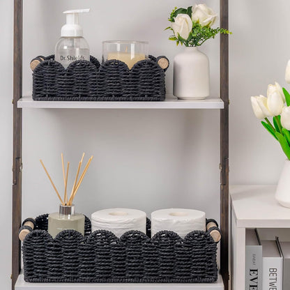 CubesLand Paper Rope Scalloped Edge Toilet Paper Storage Basket, Small Living Room, Bedroom Decor Baskets for Over Toilet Storage Shelf, End Table, Shelves and More, with 2 Wooden Handle, Neutral