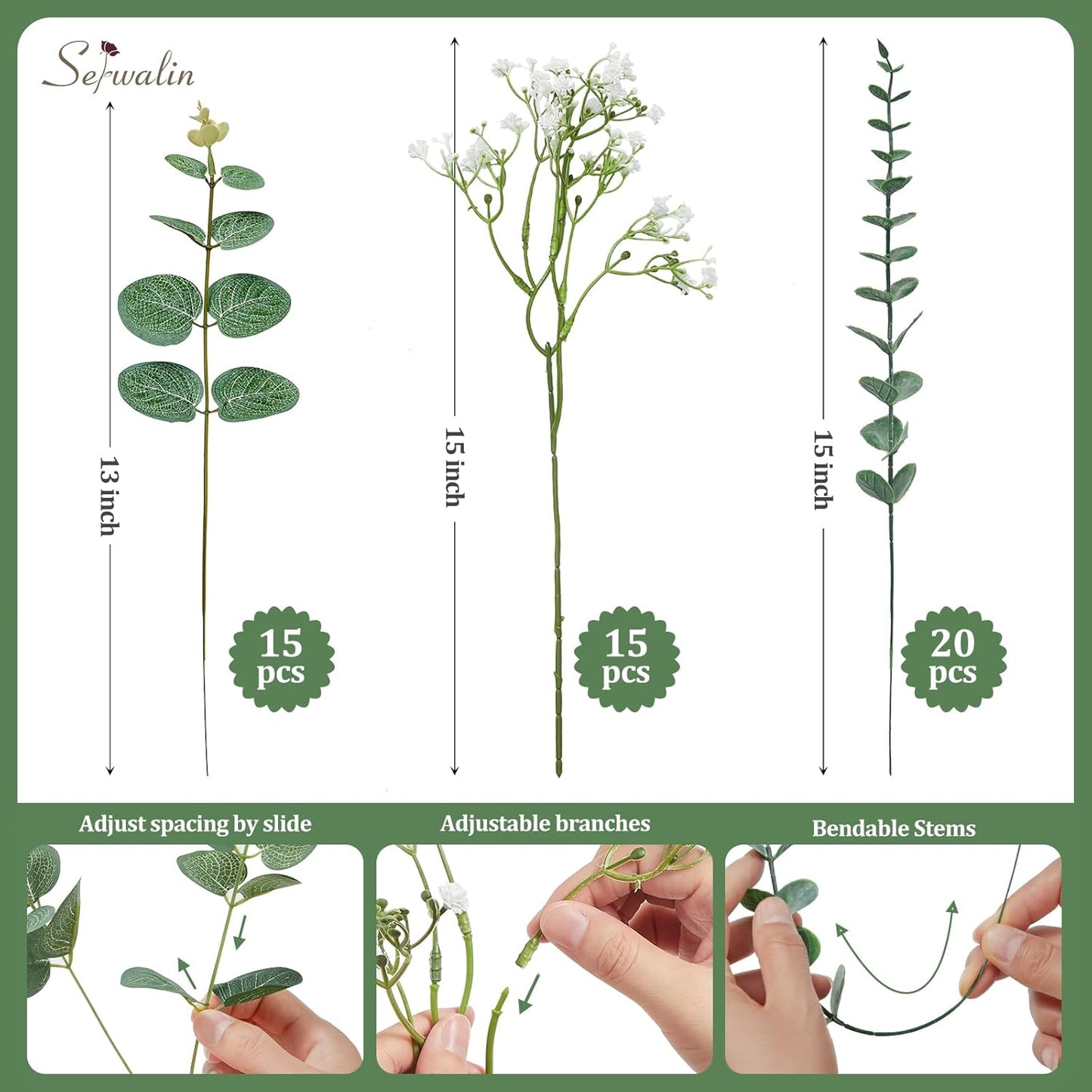Serwalin 100 Pcs Mixed Artificial Eucalyptus Stems,Babys Breath Artificial Flowers Bulk with Faux Eucalyptus Leaves Greenery Stems for Wedding DIY Bouquets Floral Arrangement Home Decor