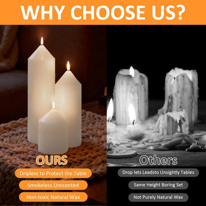 18 Pcs White Pillar Candles Bulk Set，Hurricane Candles，3 Different Lengths 2 x 3/4/6 Inch (6 Each)，Dripless Unscented Smokeless，Gives You a Better Atmosphere When Organizing an Event Party.