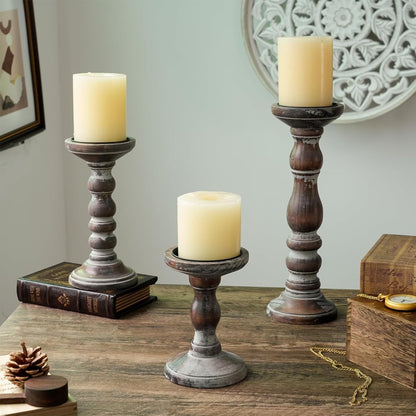 Wood Pillar Candle Holder: 3Pcs Rustic White Candle Holders for Pillar Candles Wood Candle Holders Distressed Wooden Farmhouse Candle Holder Large Rustic Candle Holder for Fireplace Table