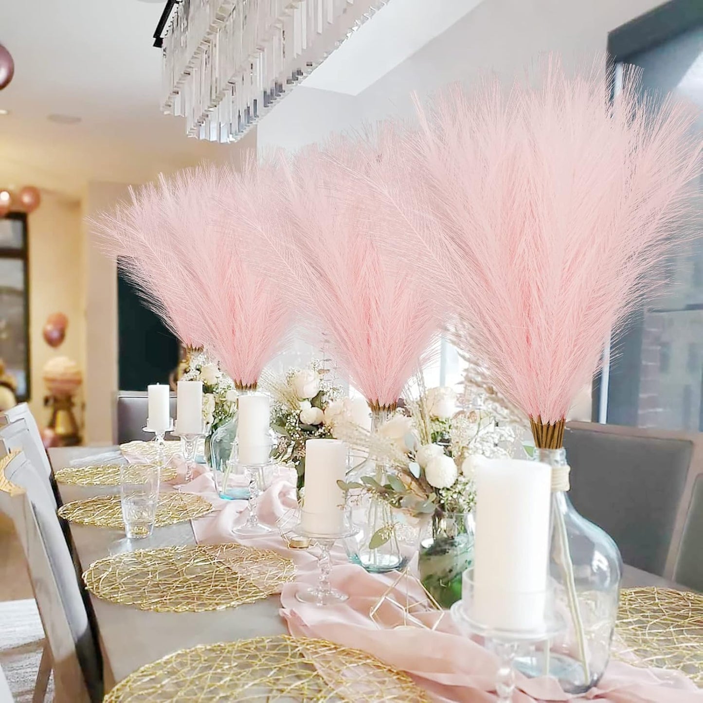 obbsie 50pcs Pink Faux Pampas Grass Decor, 21.6" Short Artificial Floral Branches Vase Filler Flower Arrangement for Home Wedding Boho Outdoor Decor