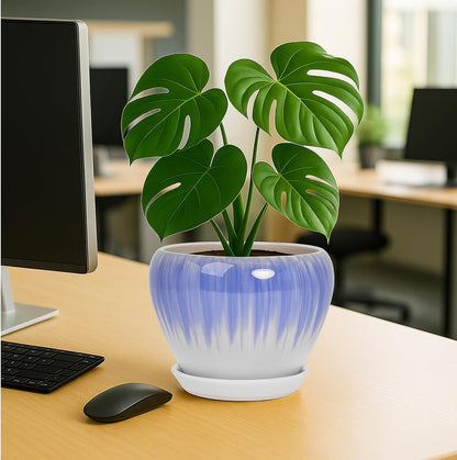 Deep Dream 6 Inch Plant Pots- Ceramic Planter Pot with Drainage Hole and Saucer, Round Flower Pot for Indoor Outdoor Succulent, Snake Plants and Cactus, Blue
