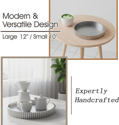 Modern Table Round Decorative Trays 2pcs Home Decor - Circle Coffee Table Centerpiece Set 12"/10" - Wooden Cool Grey Ottoman Tray with Fluted Edge