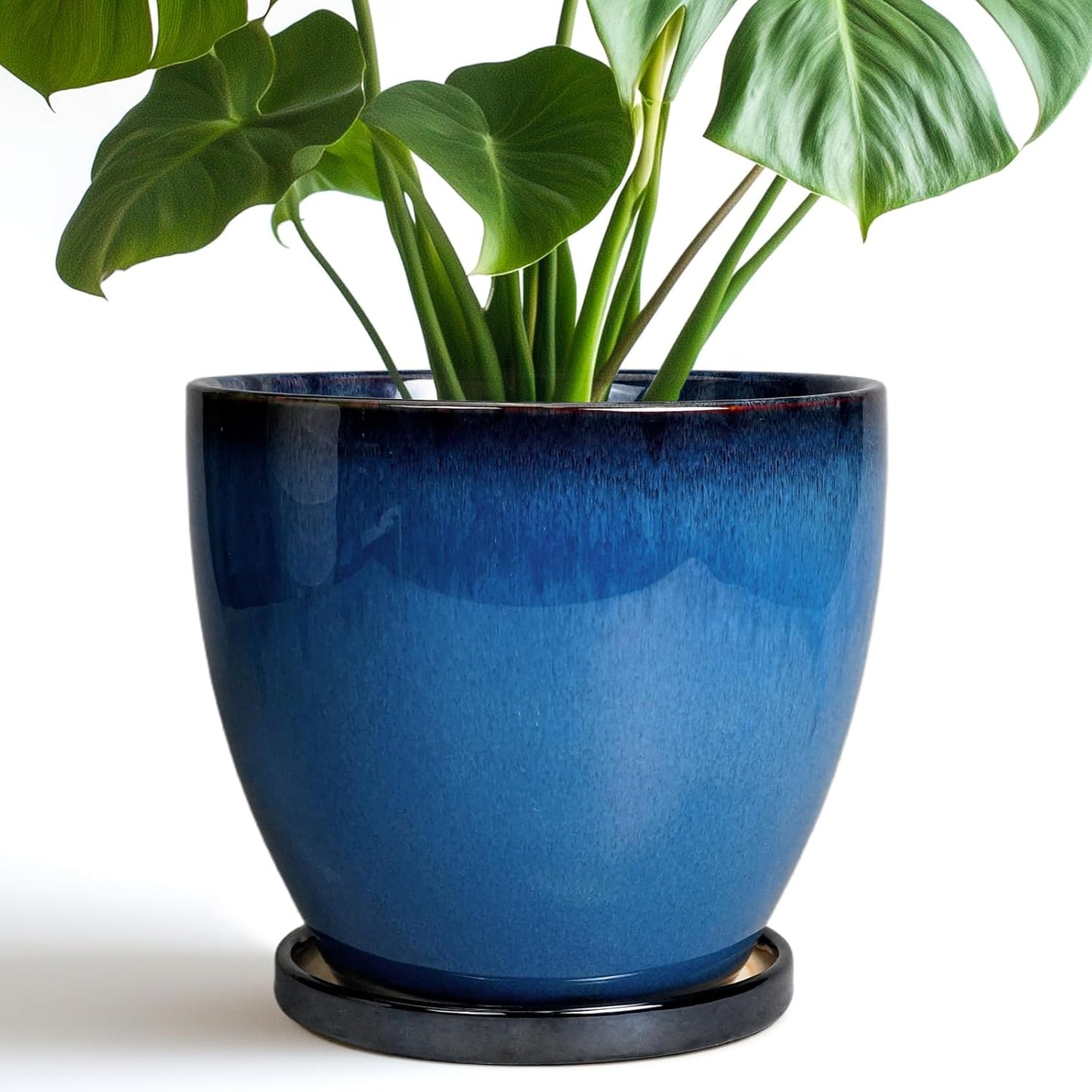 10 Inch Ceramic Planter Pot Round Plant Pot for Indoor Plants Outdoor Large Flower Pot with Drainage Hole and Saucer Blue