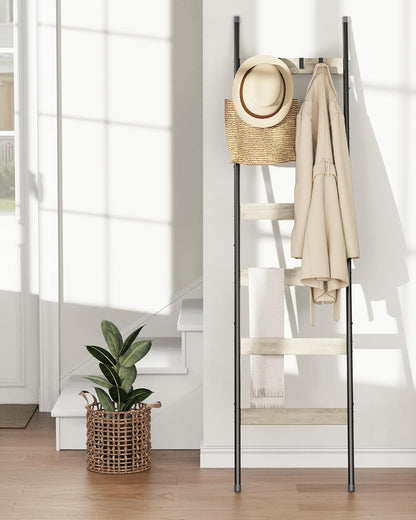 Blanket Ladder, 5-Tier Towel Holder with 4 Removable Hooks, Farmhouse Wall Leaning Decorative Rack Shelf, Wooden Towel Display Rack, Quilt Ladder for Living Room, Bedroom, Rustic Brown