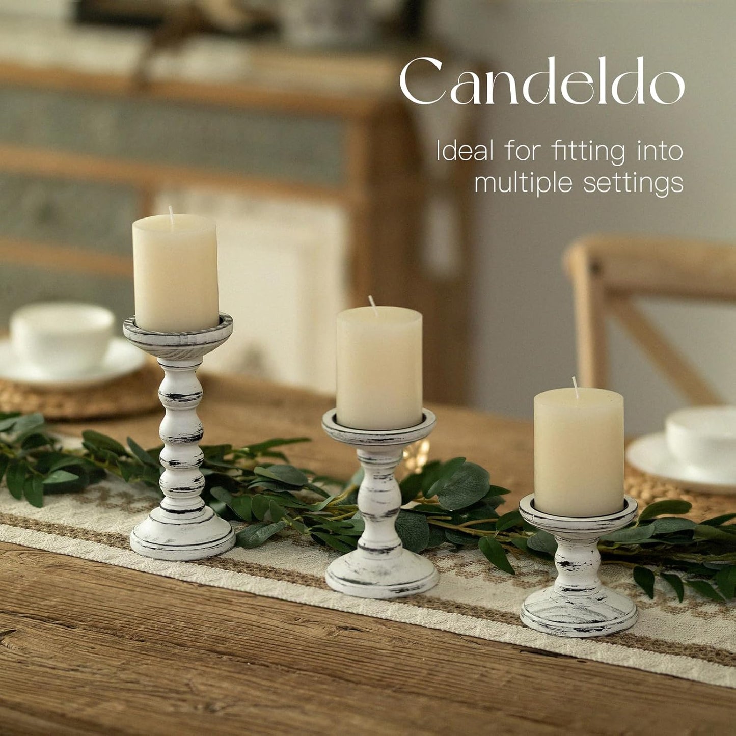 Candeldo Wood Candle Holders for Pillar: Rustic Candles Holder Set of 3 Tall Table Centerpiece Shabby Chic Decor Wooden White Farmhouse Decorations for Fireplace Mantle