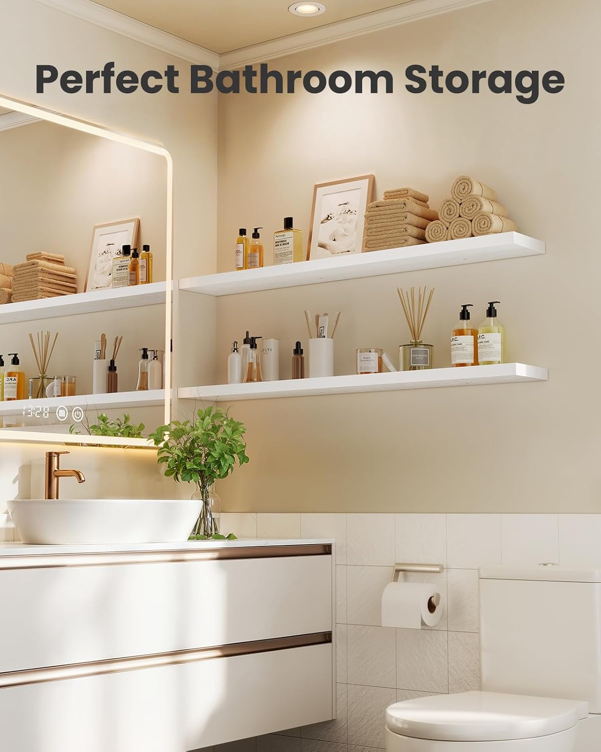 AMADA HOMEFURNISHING Floating Shelves, Wall Shelves for Bathroom/Living Room/Bedroom/Kitchen Decor, White Shelves with Invisible Brackets Set of 3 - AMFS08