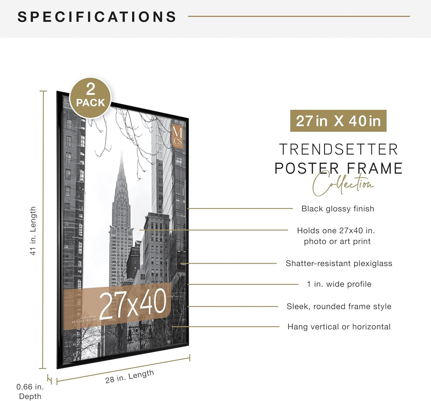 MCS Trendsetter 24x36 Poster Frame Black High-Gloss, Vertical & Horizontal Wall Hanging Large Picture Frame for Photos, Posters & Art Prints (1-Pack)