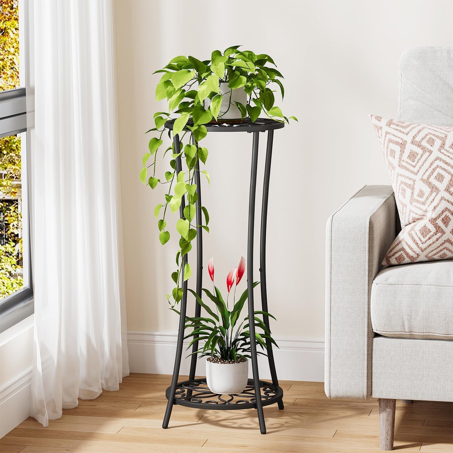 YINMIT Plant Stand Indoor,2 Tier Round Potted Holder Rack,Flower Pot Stand Shelf,Round Supports Rack,Corner Plant Shelf for Balcony Garden Patio Living Room,Brown