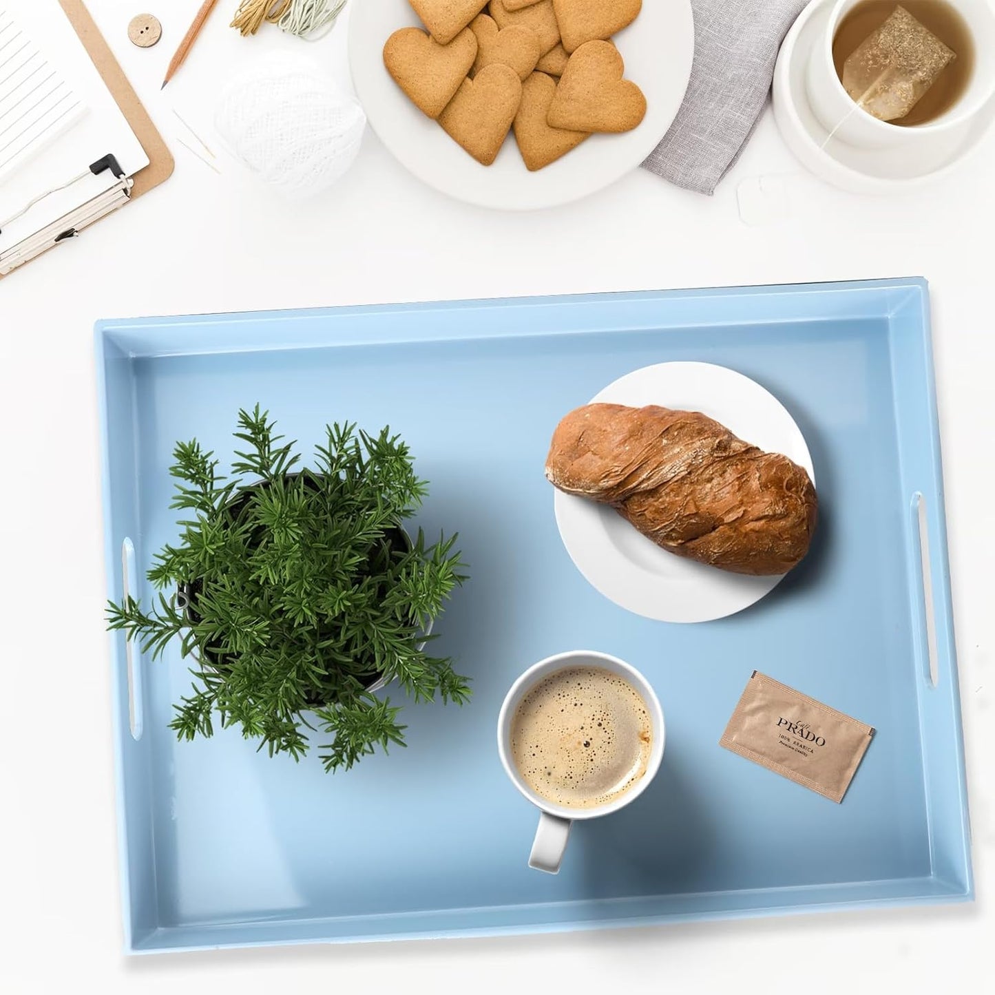 Spsyrine Serving Tray with Handles, Plastic Decorative Tray for Coffee Table, Living Room, Home Decor, Dianthus