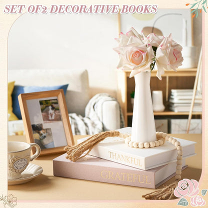 Faccito Set of 2 Linen Decorative Books with Wooden Beaded Garland Tassel Elegant Linen Books Aesthetic Gold Foil Fake Book for Coffee Table Shelf Mantel Storage Boxes(Mint Green)