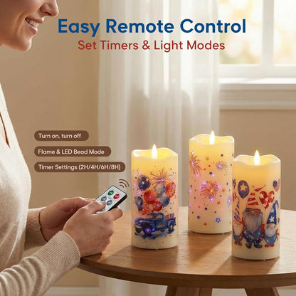 Eywamage Fiber Optic Flameless Pillar Candles with Remote Set of 3, Butterfly Floral Spring LED Candles Battery Operated Gift Φ 3" H 6"
