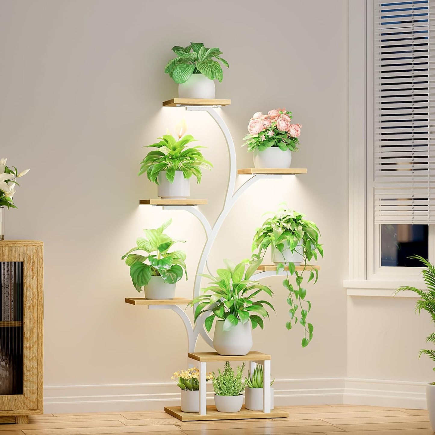 BACEKOLL Plant Stand Indoor with Grow Lights, 7 Tiered Indoor Plant Shelf, 49" Corner Plant Stands for Indoor Plants, Metal Plant Flower Display Shelf, Tree-Shaped Plant Rack for Home, Patio, Brown