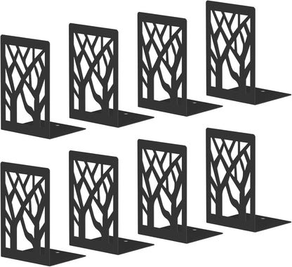 Bookends 4 Pieces, Tree Design Modern Metal Bookends for Shelves, Black Tree Book Ends Decorative Book Organizer for Desk, Decorative Shelve Book Stopper for Home Office