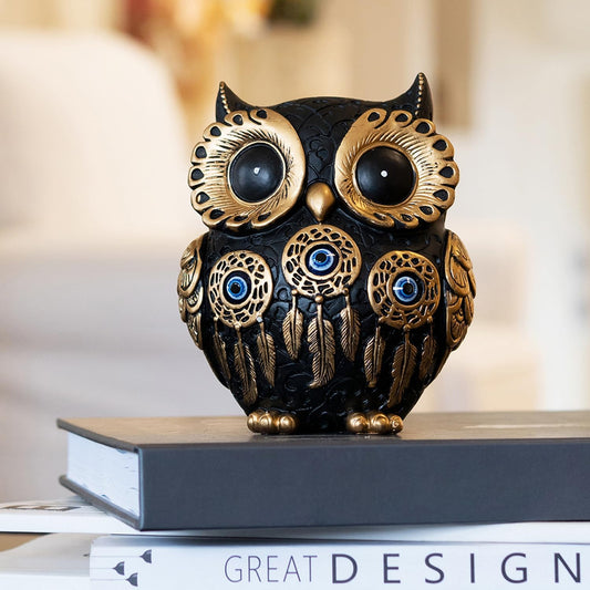 Decorative Owl Figurine, Vintage Blue and Gold Owl Statue Home Decor - Evil Eye Accent for Bookshelf, Bedroom, Living Room, Office & Table. Cute Small Animal Sculpture Gift for Birds Lovers.(Blue)
