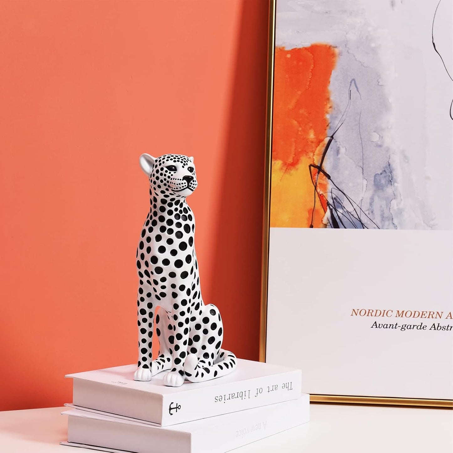 Quoowiit Bird Figurine, Modern Sculpture and Statues for Home Decor, Animal Statues for Bookshelf, Table, Entryway, Fireplace, Resin Decorative Sculpture with Chic Polka Dots Art Design (White)
