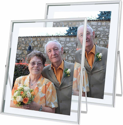 Qiannhee 8x10 Floating Frames Set of 2, Double Glass Desktop Picture Frames, Holds Multiple Photo Sizes, Photo Frame with Metal Stand