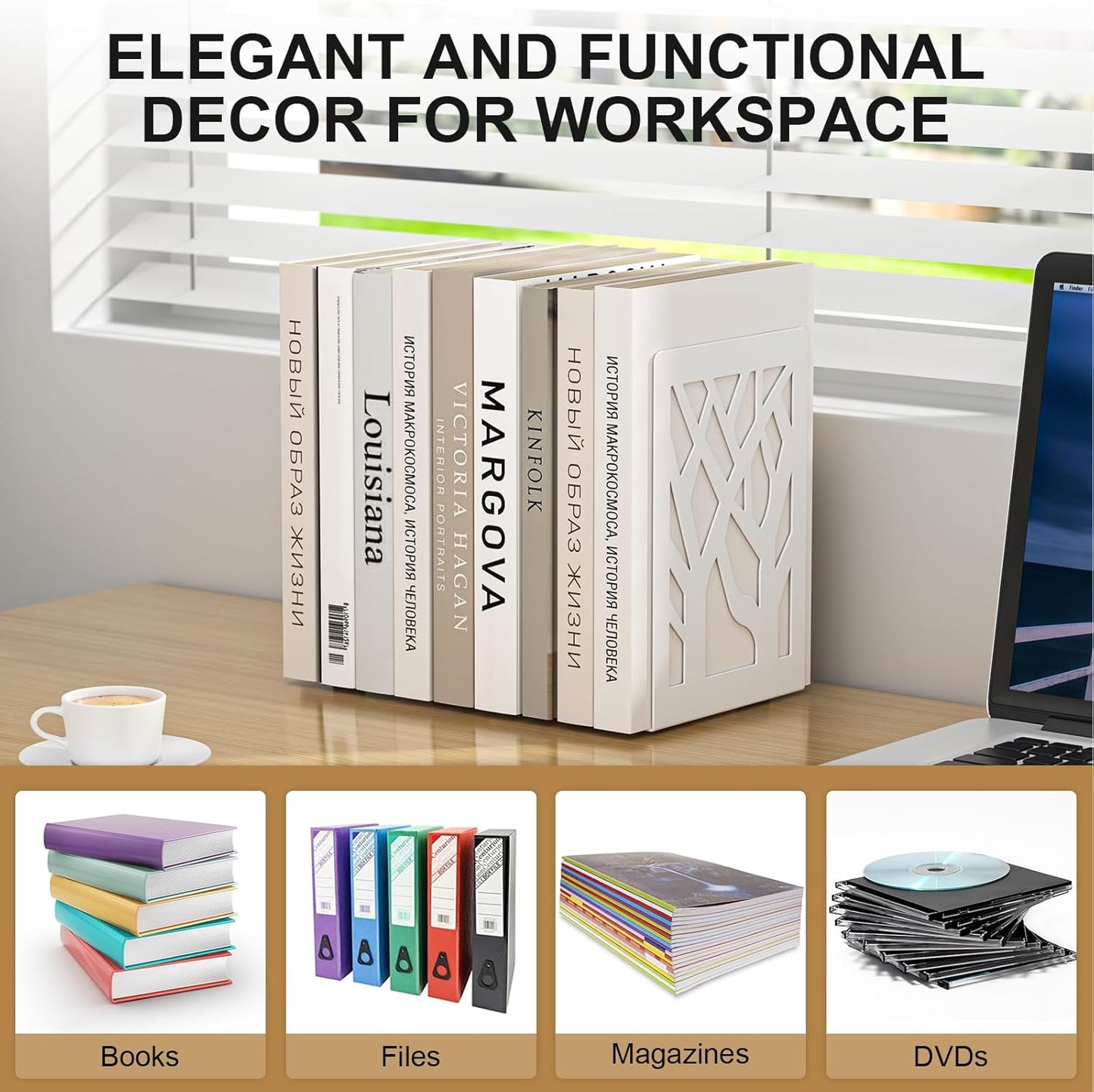 Bookends 4 Pieces, Tree Design Modern Metal Bookends for Shelves, Black Tree Book Ends Decorative Book Organizer for Desk, Decorative Shelve Book Stopper for Home Office