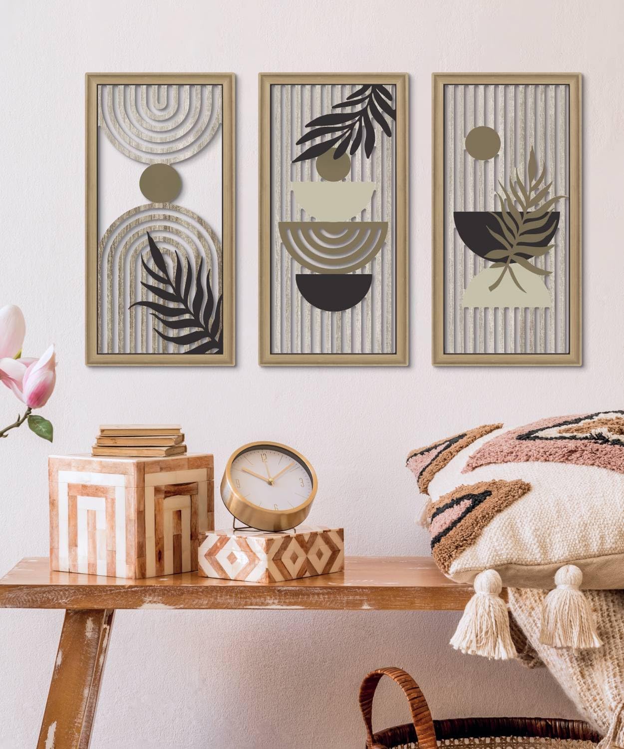 Putuo Decor Boho Abstract Wall Art, Set of 3, Modern Botanical Wooden Wall Decor, Blue Mid-Century Minimalist Framed Artwork for Living Room Bedroom, Office