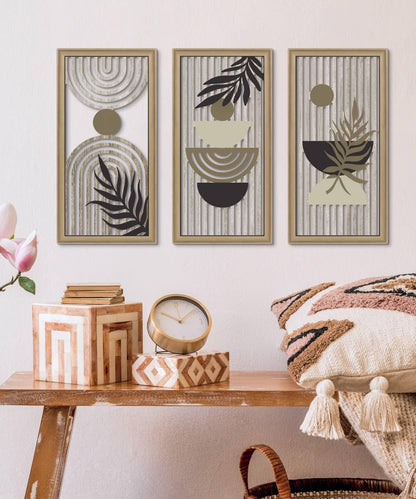 Putuo Decor Boho Abstract Wall Art, Set of 3, Modern Botanical Wooden Wall Decor, Blue Mid-Century Minimalist Framed Artwork for Living Room Bedroom, Office