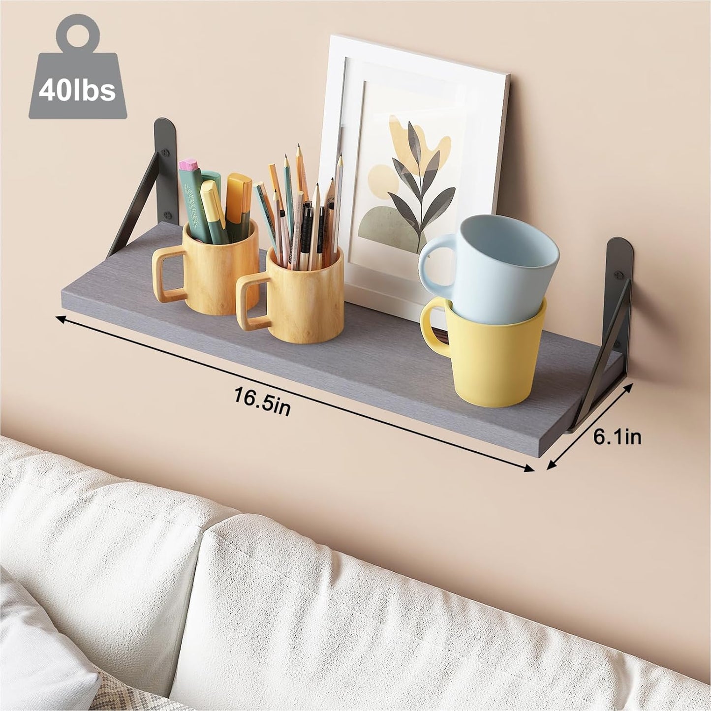 YGEOMER Brown Floating Shelves for Wall, 16.5 Inch Farmhouse Wall Shelves for Bedroom, Bathroom Storage, Living Room and Kitchen Decor (Set of 6 Brown)