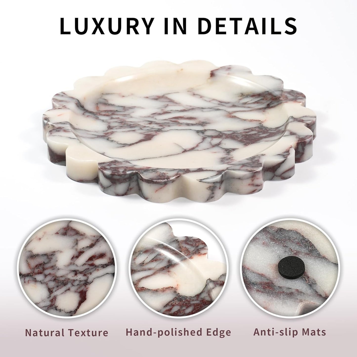 Marble Perfume Tray with Legs - Oval Decorative Stone Pedestal for Bathroom Vanity Coffee Table Kitchen Countertop, Footed Jewelry Candle Organizers Catchall Plate Riser with Scalloped Feet