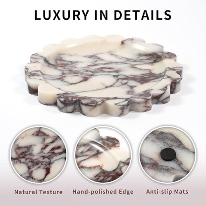 Marble Perfume Tray with Legs - Oval Decorative Stone Pedestal for Bathroom Vanity Coffee Table Kitchen Countertop, Footed Jewelry Candle Organizers Catchall Plate Riser with Scalloped Feet