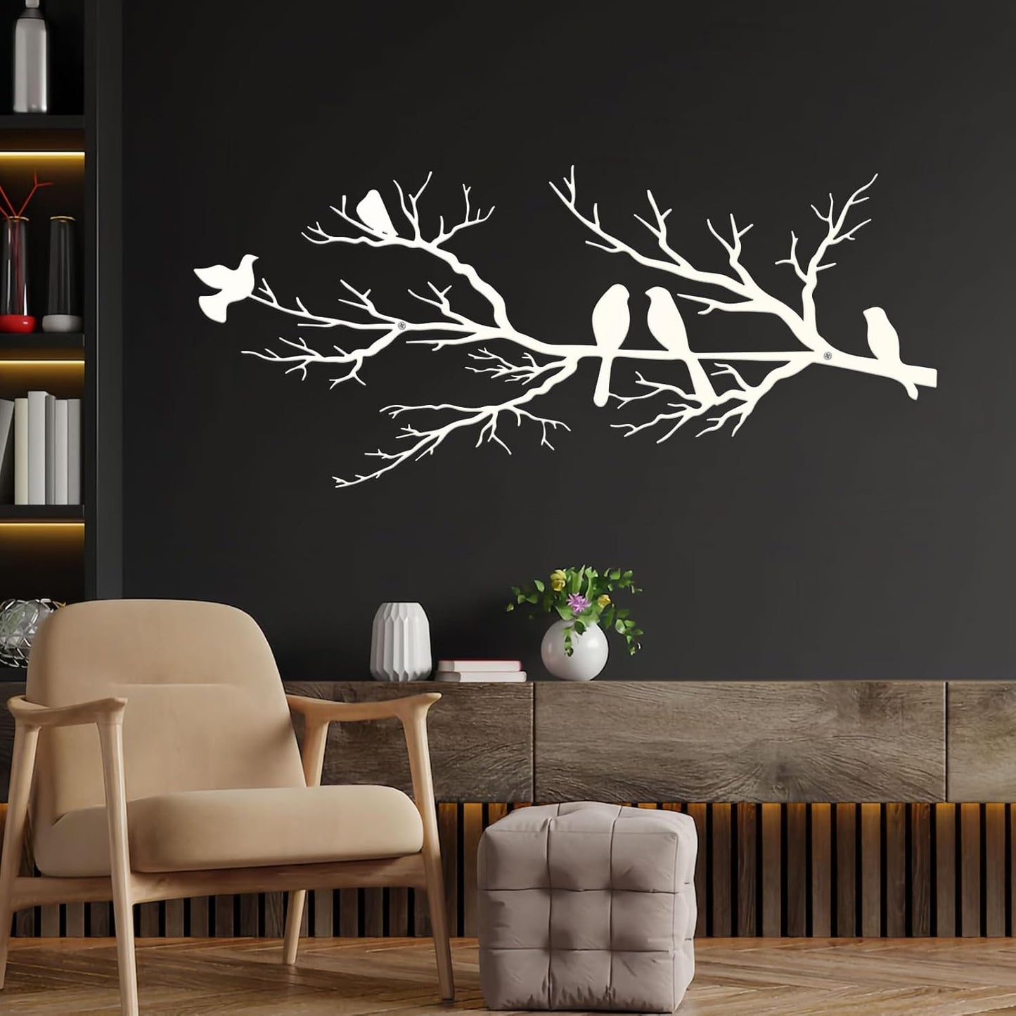 Metal Birds Wall Art, Metal Vivid Birds on Branch Silhouette Wall Decor Black Leaves with Bird Outdoor Hanging Wall Sculpture for Home Balcony Garden(Large)