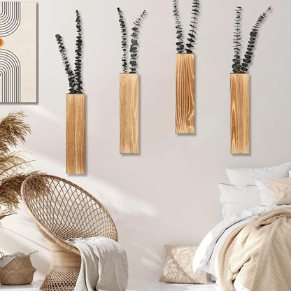 Wooden Wall Planter Set of 4 - Modern Home Decor for Living Room, Bedroom, Bathroom - Walnut Finish Planter for Dried Flowers, Faux Greenery, Indoor Plants
