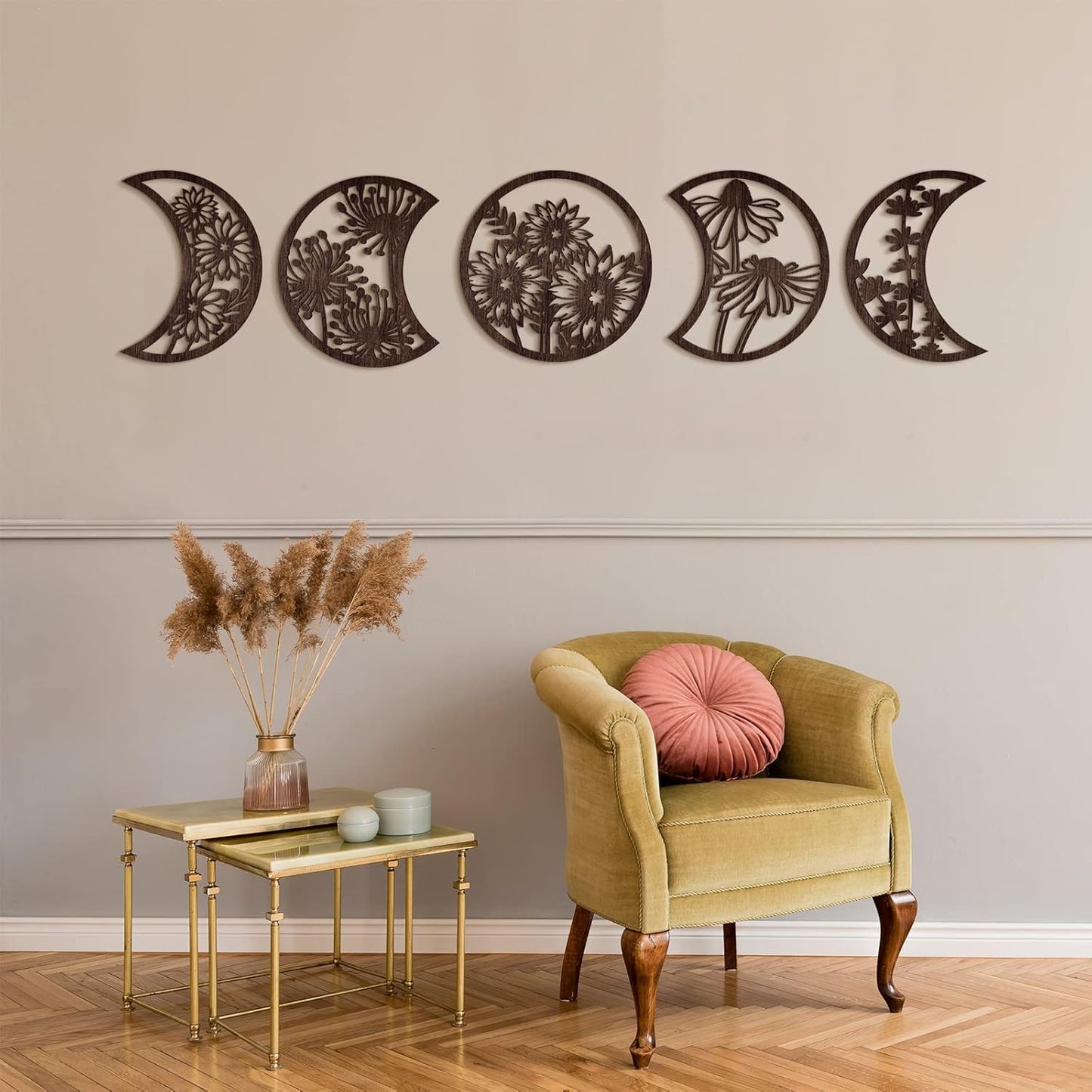 Jetec 5 Pcs Moon Phase Wall Art Decor Wall Pediments Hanging Wooden Phase Spiritual Bedroom Nordic Boho Lunar Aesthetic Art for Living Room Dorm Apartment Ornament(Brown,10.6 Inch,Botanical)