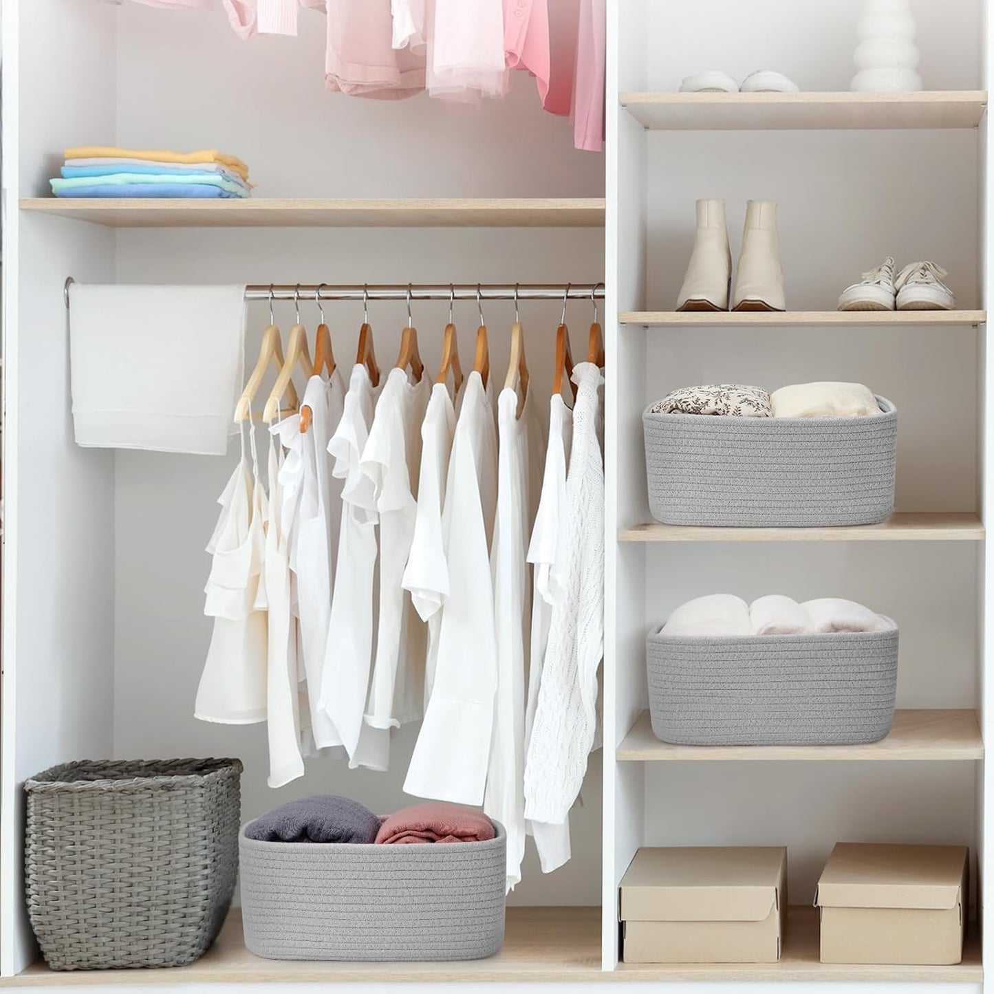 3-Pack Small Storage Baskets for Organizing | Woven Shelf Toy Basket | Rope Baskets for Gifts Empty | Closet Organizer Bins with Handles | Cube Decorative Box | 11.8×7.8×5.1” | Mixed brown