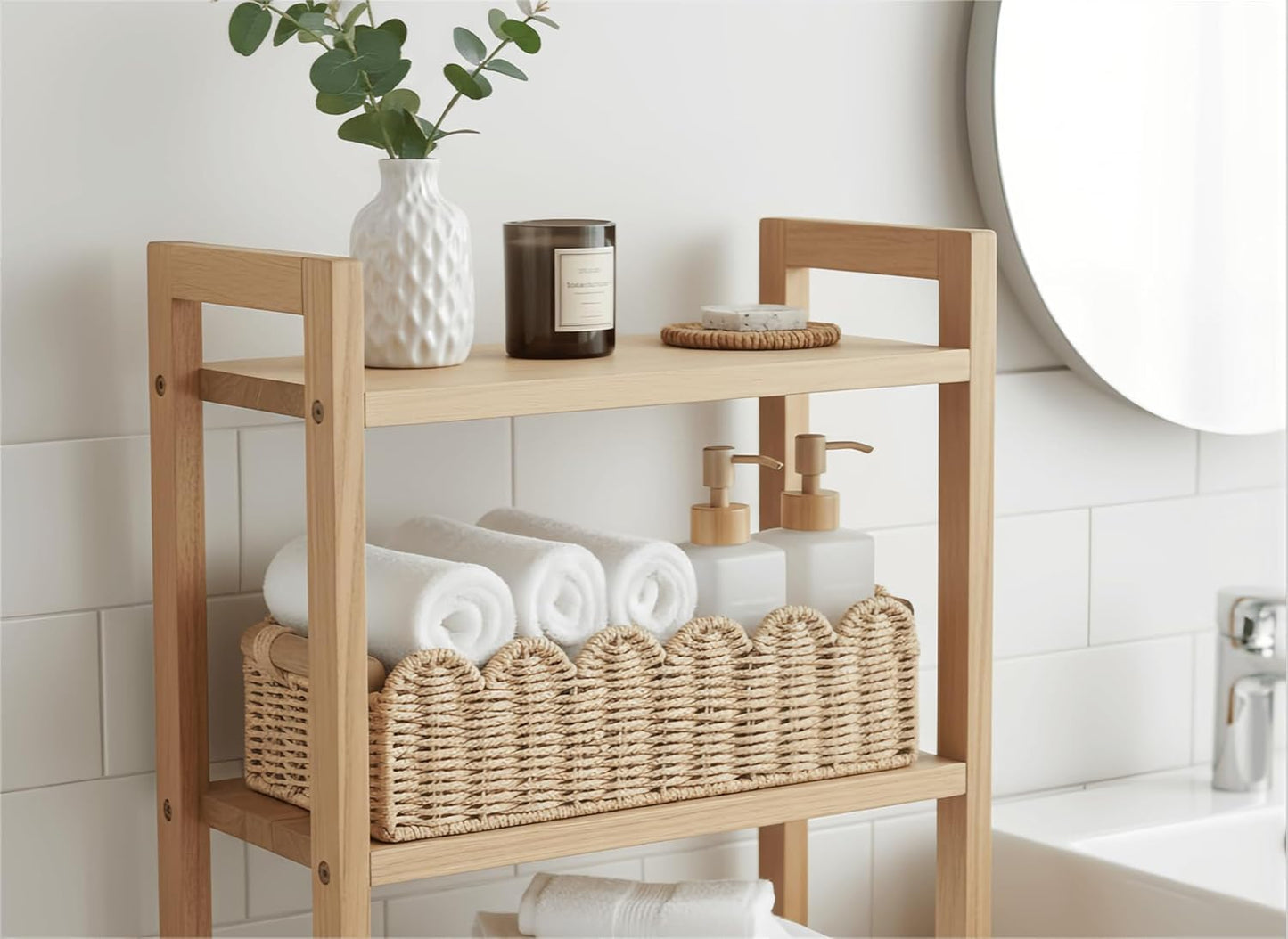 CubesLand Paper Rope Scalloped Edge Toilet Paper Storage Basket, Small Living Room, Bedroom Decor Baskets for Over Toilet Storage Shelf, End Table, Shelves and More, with 2 Wooden Handle, Neutral