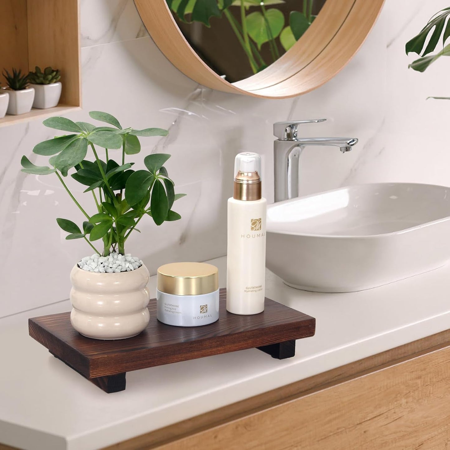 Wooden Pedestal Stand Black Bathroom Counter Organizer Tray Decor Farmhouse Wood Risers Small Hand Soap Dish Dispenser Holder for Kitchen Sink Modern Bathroom Vanity Accessories Decorative Tray