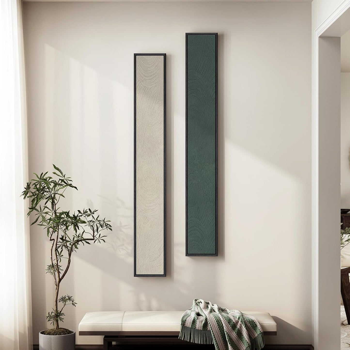 Long Narrow Framed Neutral Abstract Vertical Wall Art Set, 2 Piece Modern Canvas Prints Paintings Artwork for Walls, Beige and Brown Minimalist Pictures for Hallway Entryway Living Room Bedroom Decor