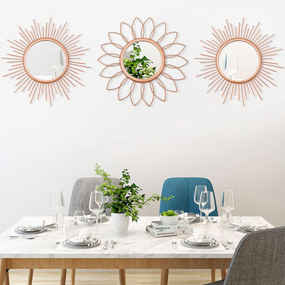 3 Pack Metal Mirrors for Wall Sunburst Wall Mirrors Home Décor Decorative Hanging Wall Art for Living Room Bedroom Entryway (Gold, Flower+Sunburst)