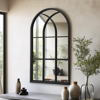 Dewfig 65"x 22" Arched Window pane Full Length Mirror, Wall Mirror, Floor Standing Mirrors, Farmhouse Long Full Body Mirrors Wall Mounted for Living Room, Bedroom, Entryway, Fireplace, Black
