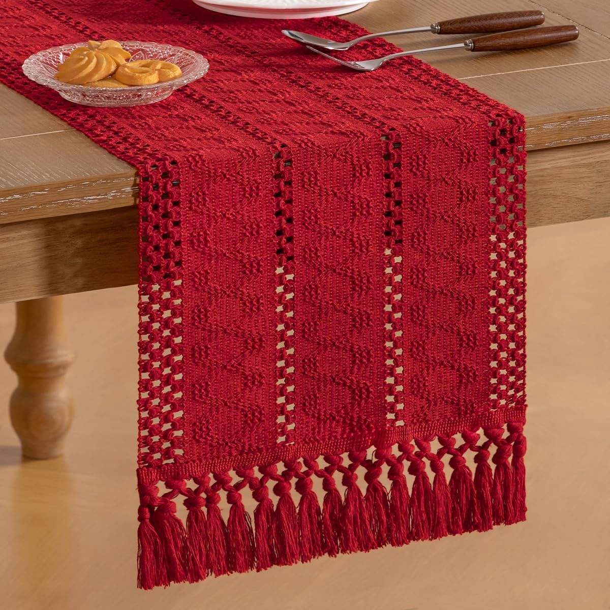 Socomi Boho Table Runner Summer Farmhouse Rustic Dining Kitchen Centerpiece Decor Small Macrame Woven Cotton Linen Coffee Table Runner for Dresser Scarf Home Decor 12x36 inch Beige