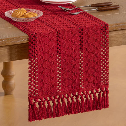 Socomi Boho Table Runner Summer Farmhouse Rustic Dining Kitchen Centerpiece Decor Small Macrame Woven Cotton Linen Coffee Table Runner for Dresser Scarf Home Decor 12x36 inch Beige