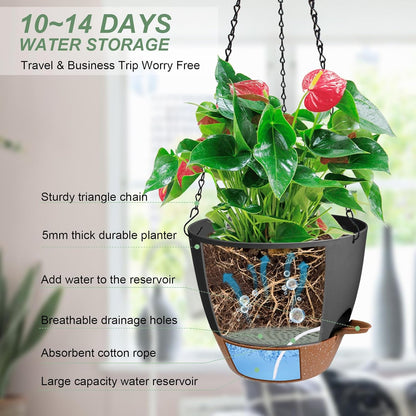 Vanslogreen Hanging Planters for Indoor Outdoor Plants, 2 Pack Self Watering Hanging Pot with Drainage Holes & Removable Tray (Black, 8'')