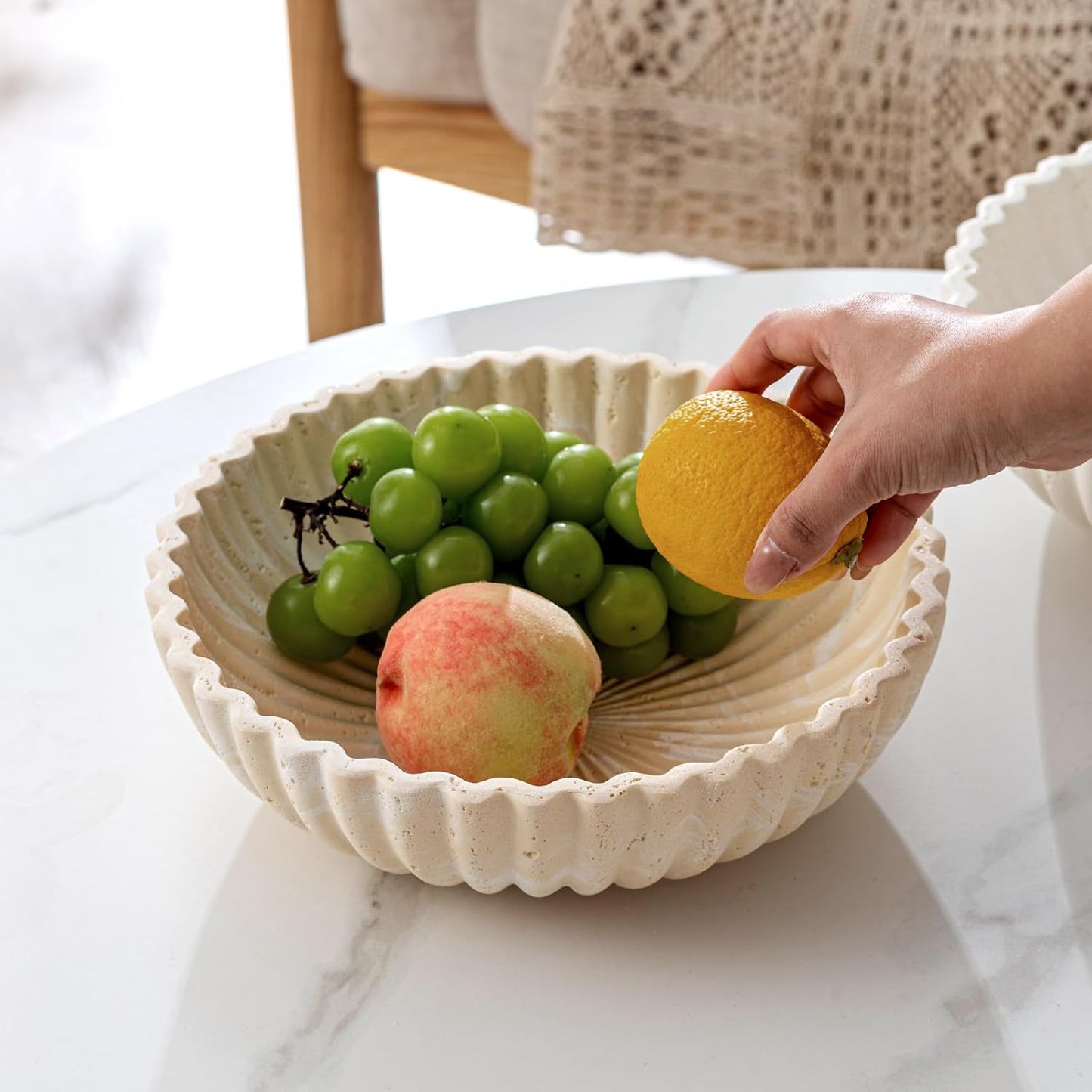 Large Decorative Fruit Bowl for Kitchen Counter, Sandstone Look Modern Minimalist Snack Candy Bowl for Table Centerpiece Decor, Home, Office, Hotel, Entryway (Beige)