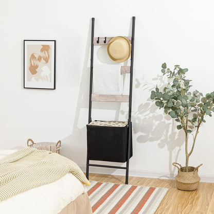 HOOBRO Blanket Ladder with Basket, 17.3”L x 63.4”H, Towel Rack with Hooks, Blanket Holder Rack, Decorative Ladder Shelf, Drying and Display Rack for Bathroom, Living Room, Rustic Brown BF31CJ01