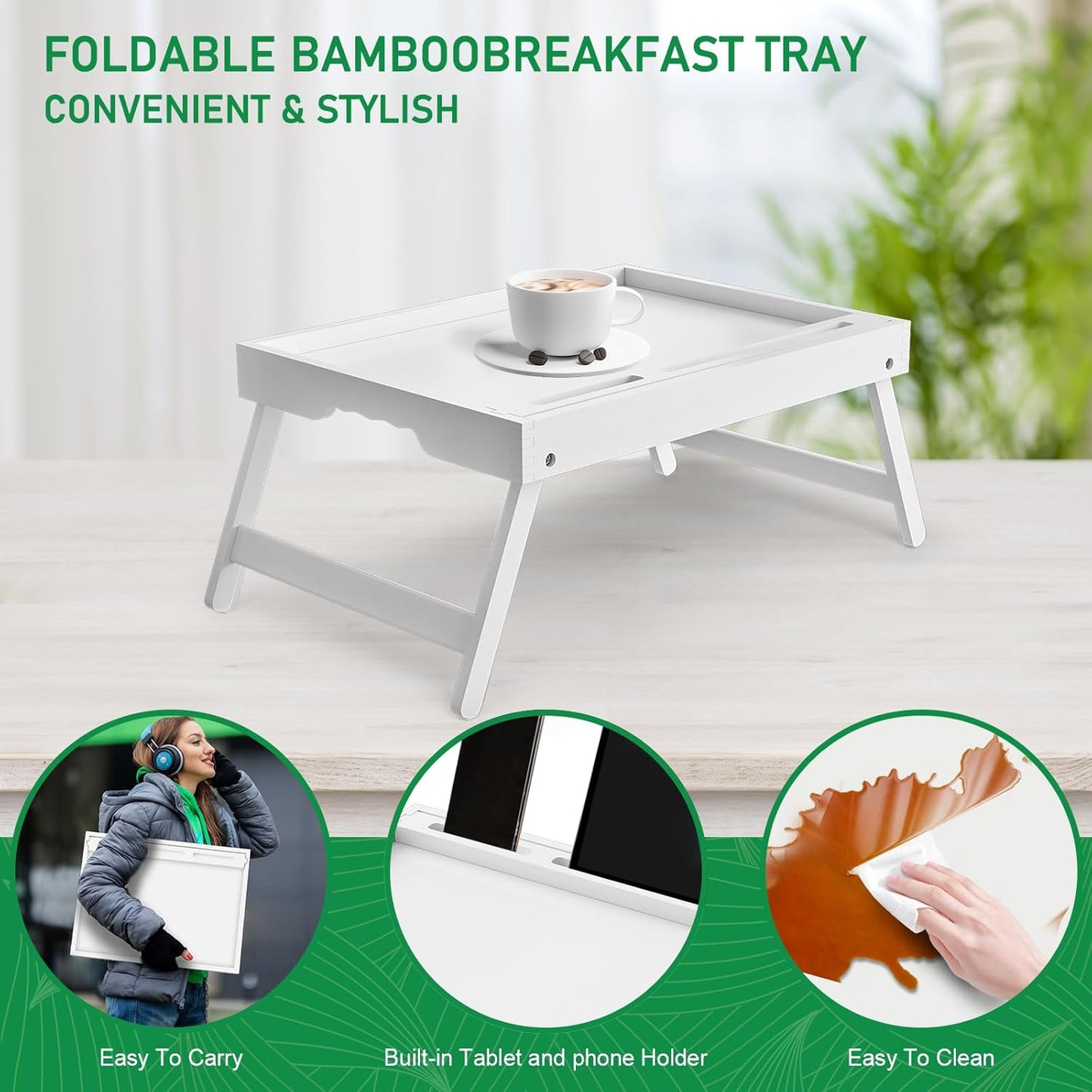 Bed Tray Table with Handles Folding Legs,Bamboo Breakfast Food Tray with Media Slot,Use As Platter,Laptop Desk,Snack,TV Tray Kitchen Serving Tray Black Large